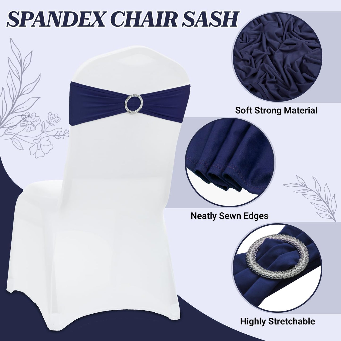 MDS Spandex Chair Sashes - Pack of 200 Elastic Stretch Bands with Buckle Slider | Navy Blue