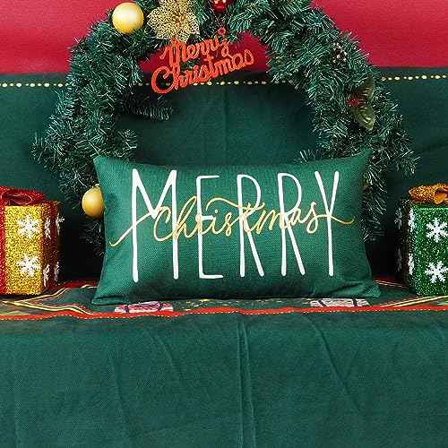 ONWAY Christmas Pillow Cover 12x20 Inch Merry Christmas Gold Green Decorative Throw Pillows Farmhouse Winter Holiday Decor Cushion Case for Sofa Couch Home Decorations