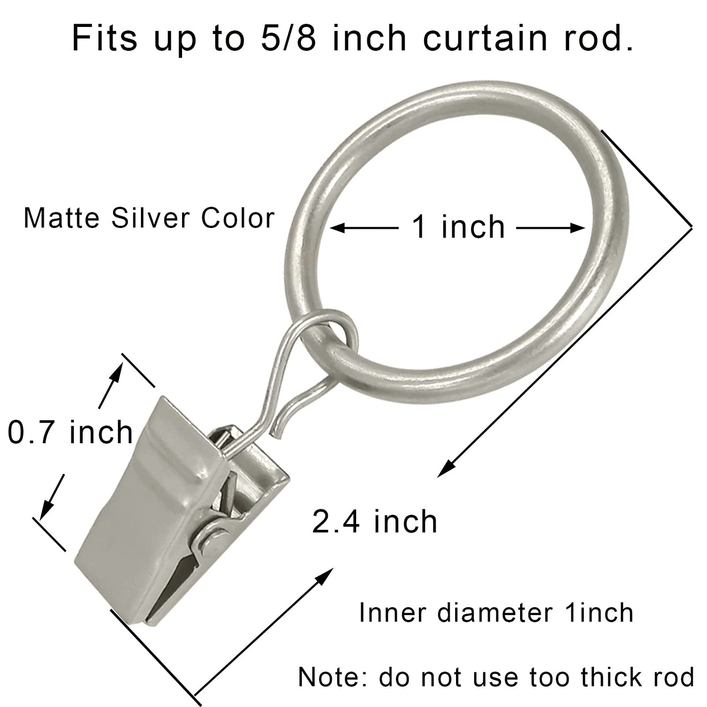 AMZSEVEN 44 Pack Metal Curtain Rings with Clips, Drapery Clips with Rings, Drapes Rings 1 inch Inner Diameter, Fits Diameter 5/8 inch Curtain Rods, Matte Silver
