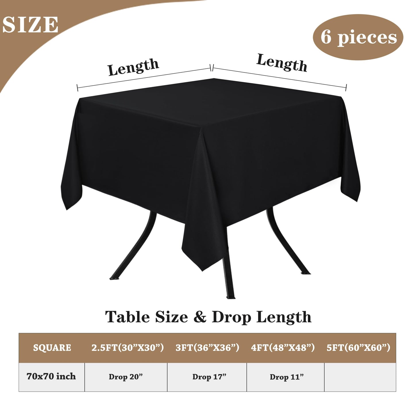 Fitable 6 Pack Black Square Tablecloths - 70 x 70 Inches - Stain Resistant and Reusable Table Clothes, Polyester Fabric Table Covers for Dining, Card Tables, Coffee Tables
