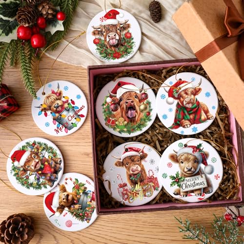 Vesici Highland Cow Ceramic Christmas Ornaments - 12pk with Hanging Ribbons