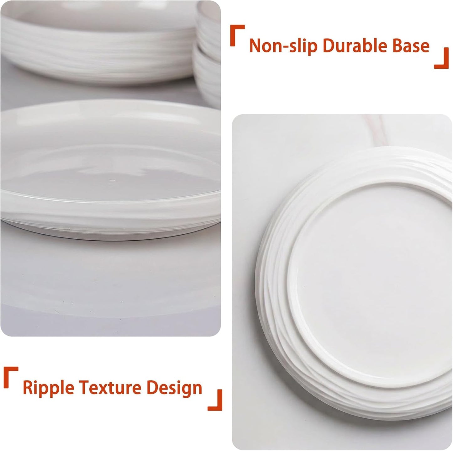 Skiennix White Salad Plates Set of 6 - 8 Inch Porcelain Dinner Plates | Ribbed Texture, Microwave & Dishwasher Safe