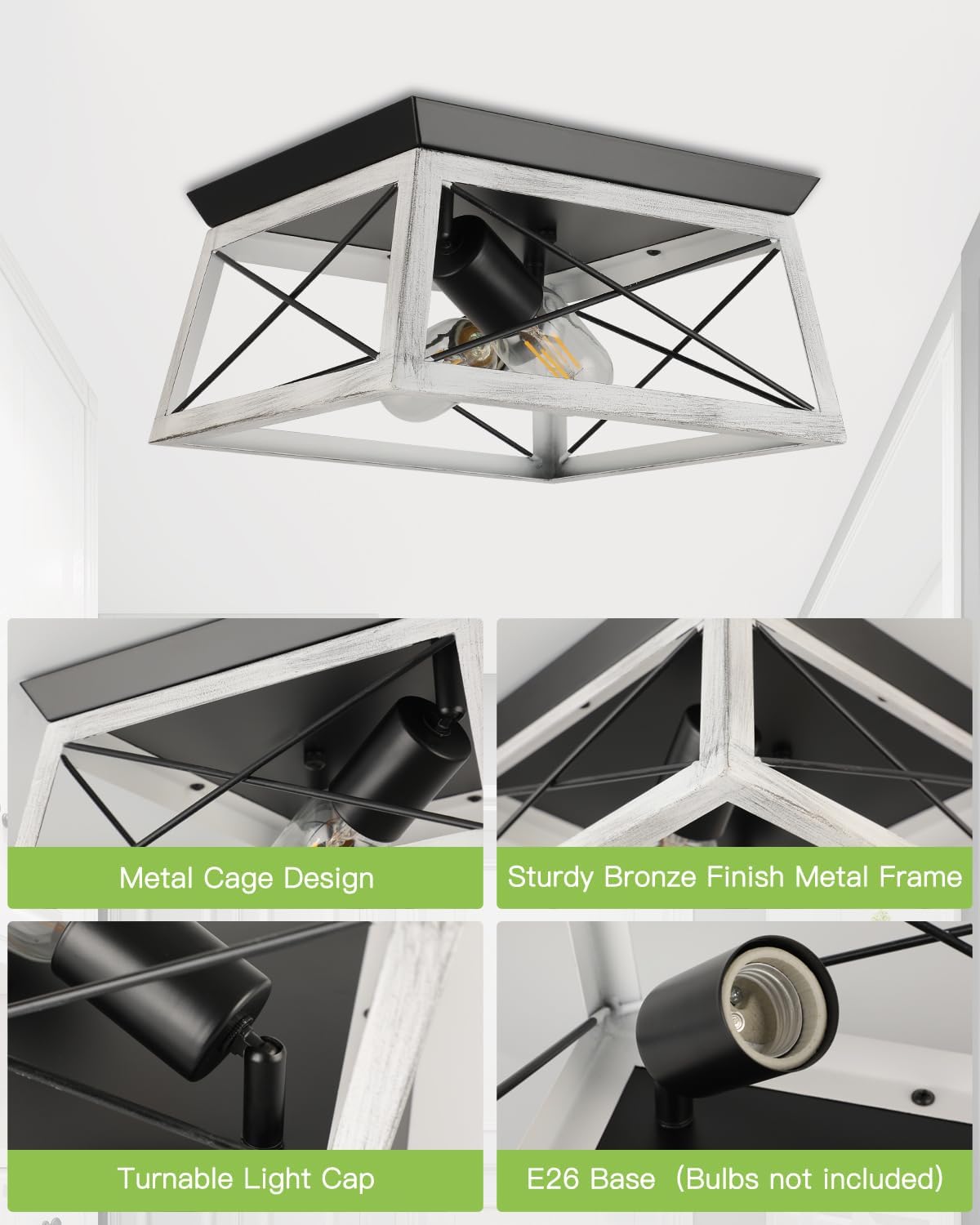 Farmhouse Flush Mount Ceiling Light Oak White Ceiling Light Fixtures 2-Light Industrial Vintage Metal-Framed Ceiling Lighting for Hallway Foyer Kitchen Dining Room Bedroom Living Room Laundry