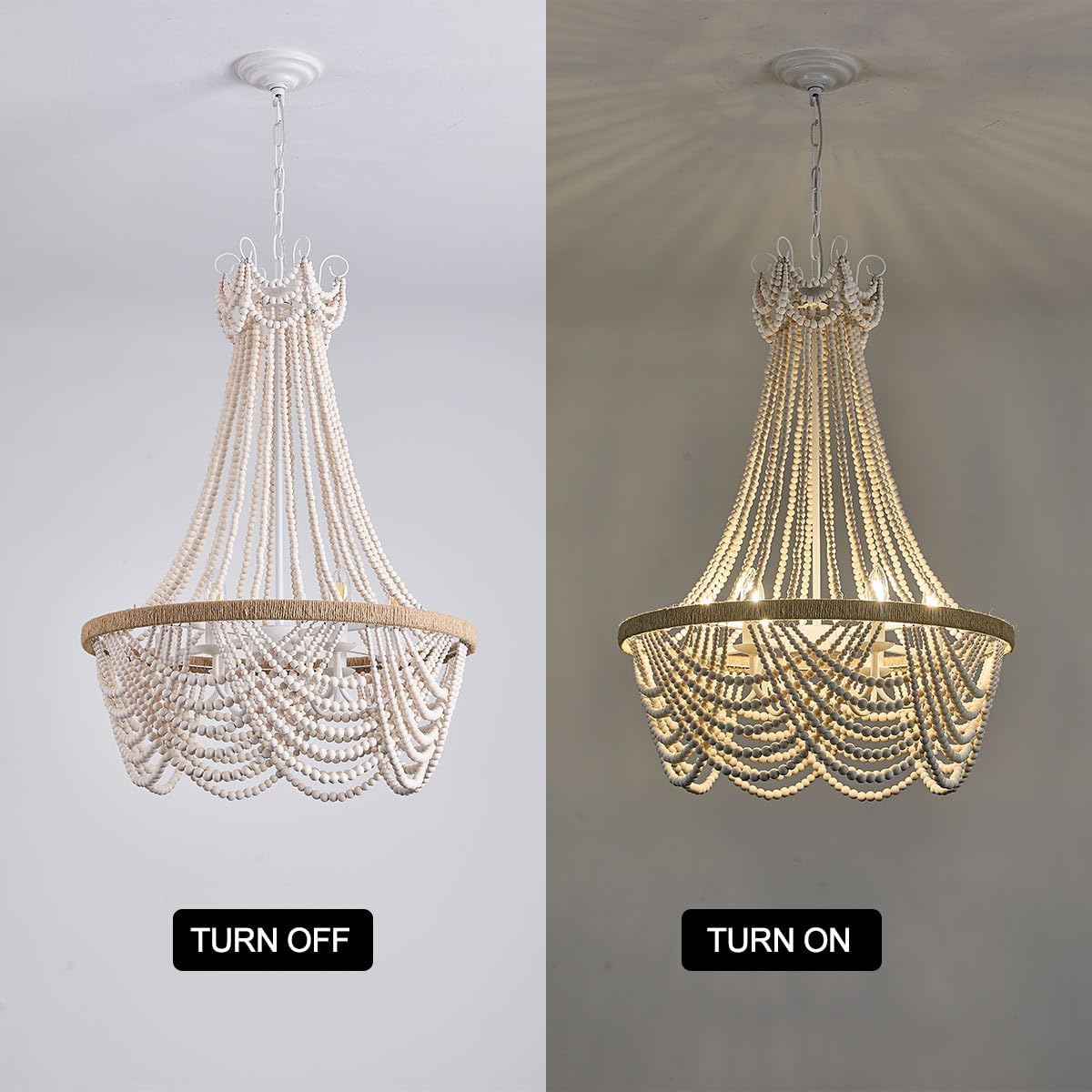 Farmhouse Boho Flush Mount Ceiling Light,3-Light Wood Bead Chandeliers,Black Metal Bohemia Hanging Pendant Lighting,Small Chandelier for Bedroom,Living Room,Entryway,Hallway
