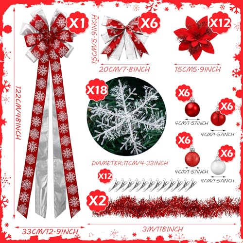 Liliful 63pcs Red Christmas Tree Ornaments Set with Silver & White Accents