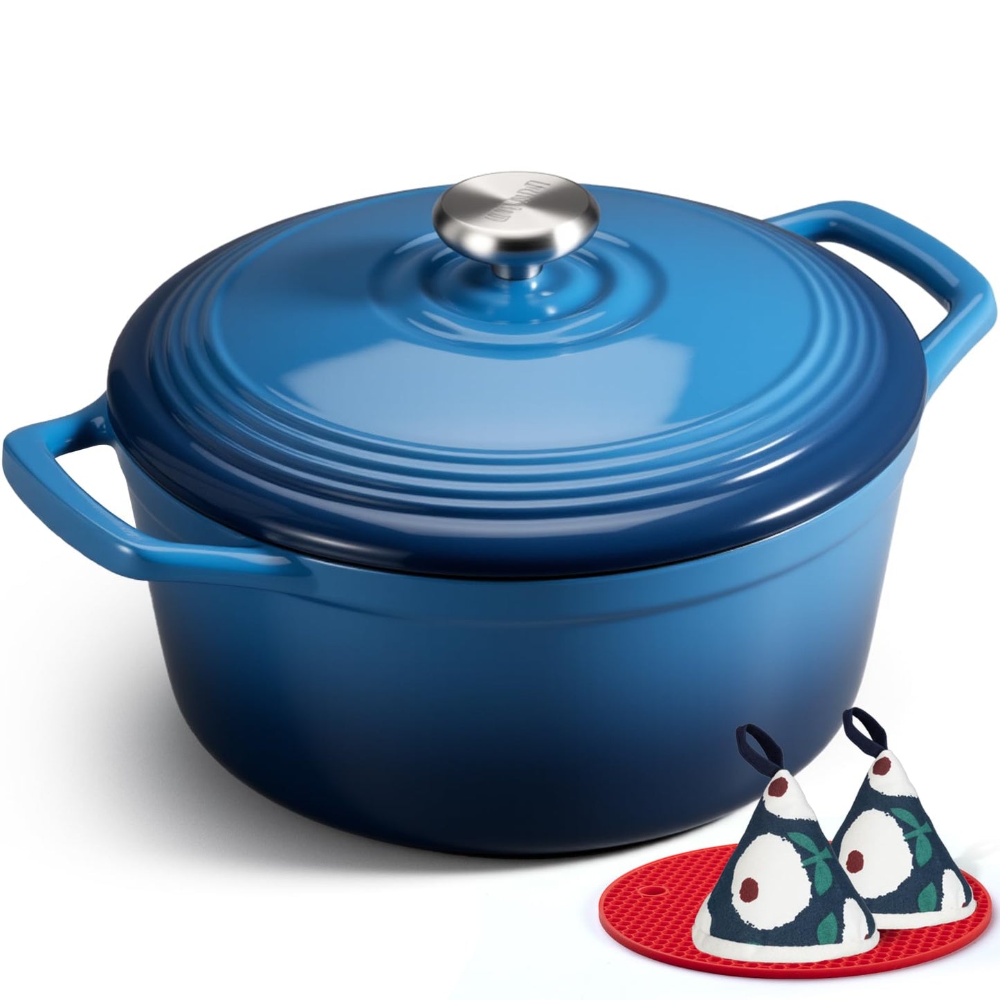 Overmont Enameled Cast Iron Dutch Oven - 5.5QT Pot with Wide Handles Lid Cookbook & Cotton Potholders - Heavy-Duty Pre-Seasoned Cookware Oven Safe to 500°F for Braising, Stews, Roasting, Sourdough Baking