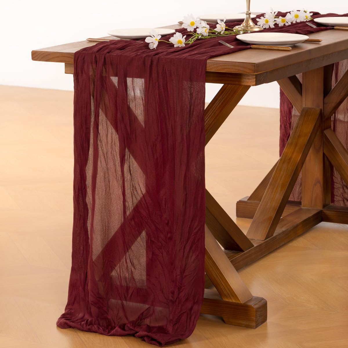 Socomi 10pcs Burgundy Red Summer Cheesecloth Table Runner Boho Rustic Gauze 120 inch 10FT Cheese Cloth Sheer Runner for Wedding Party Baby Shower Birthday Home Decor Holiday Decorations