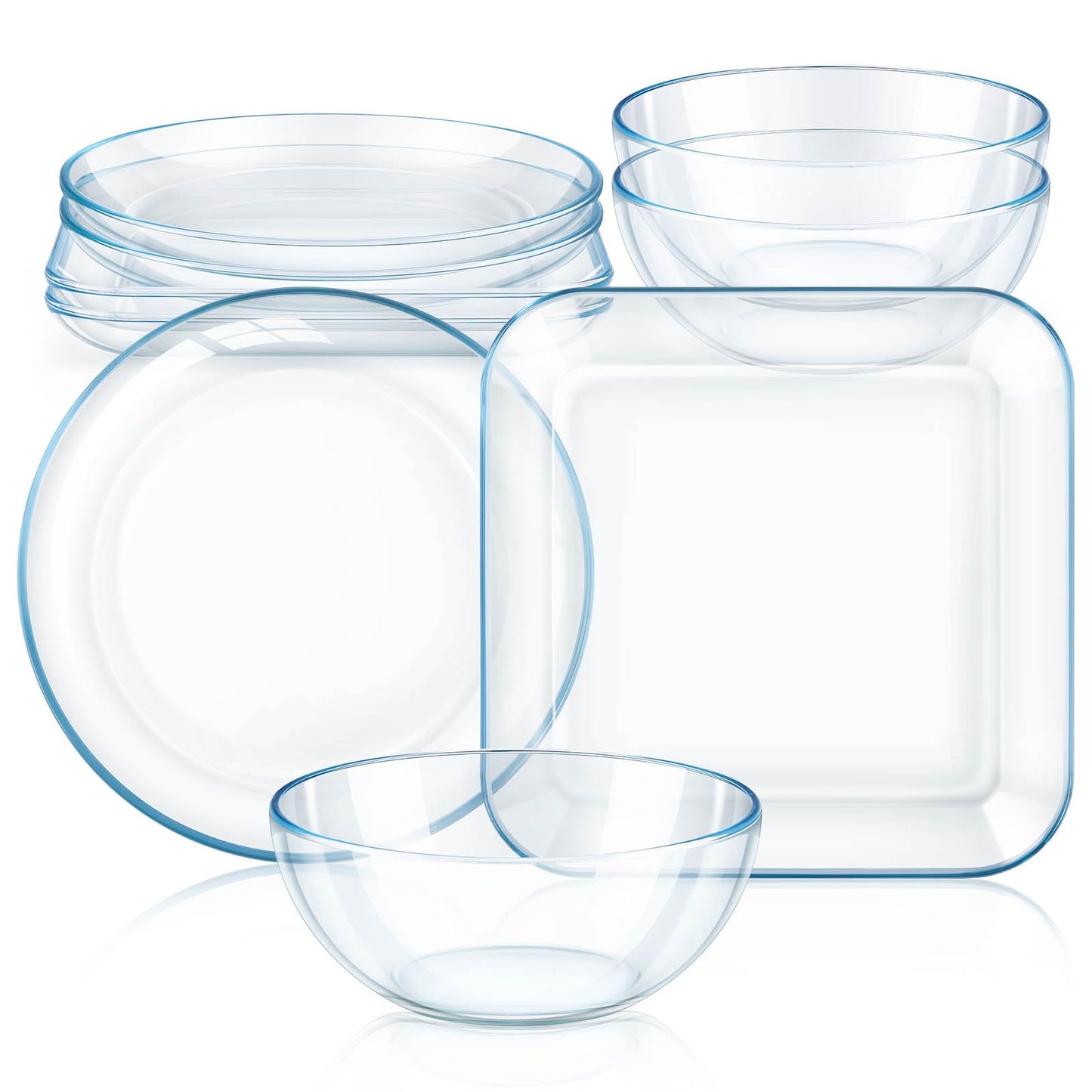 6 Pcs Clear Glass Dinnerware Set Glass Plates and Bowls with Blue Tint Round Square Tempered Plates 10'' and Kitchen Serving Bowl 8'' for Dessert, Salad, Fruit, Dishwasher and Microwave Safe
