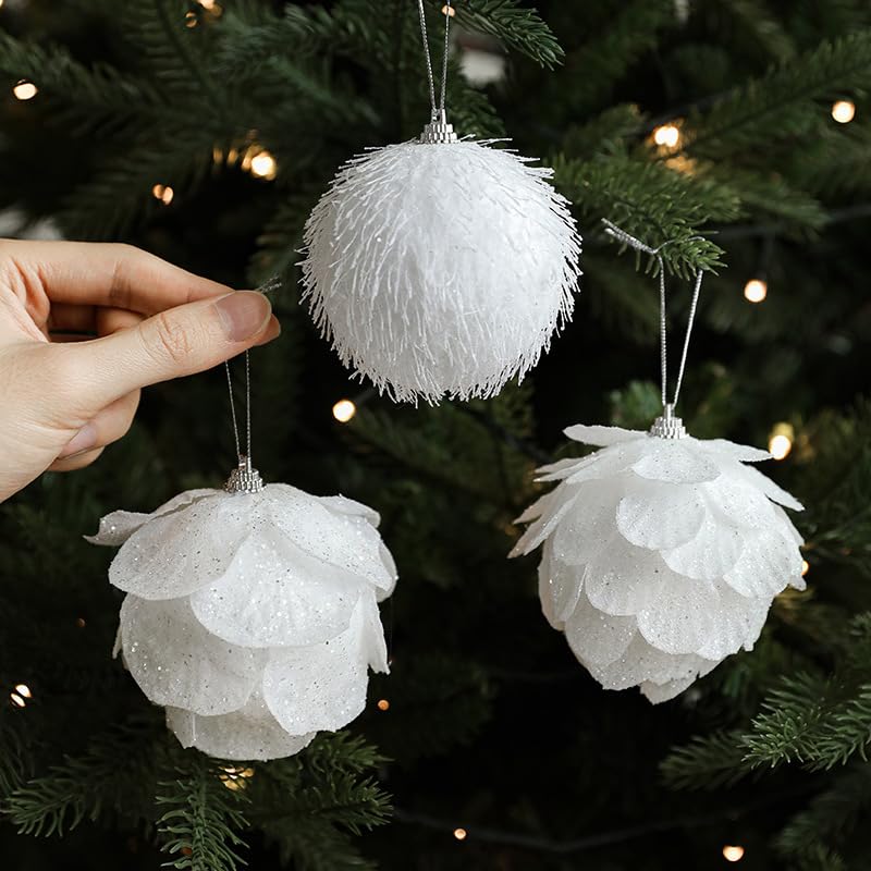 Christmas Tree Ornaments 5-Pack White Glitter Foam Balls for Xmas