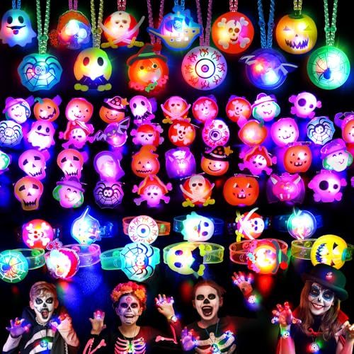 118 Pack Halloween Glow in the Dark Party Favors for Kids - Light Up Rings, Brooches, Necklaces, Bracelets