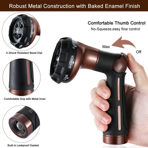 FANHAO Heavy Duty Metal Garden Hose Nozzle - Ergonomic Thumb Control Design
