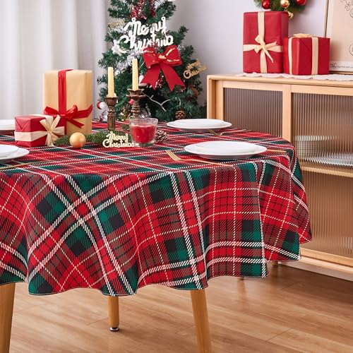 VEDACHIC V65 Christmas Red Green Plaid Round Tablecloth 60 Inch Waterproof Holiday Decor