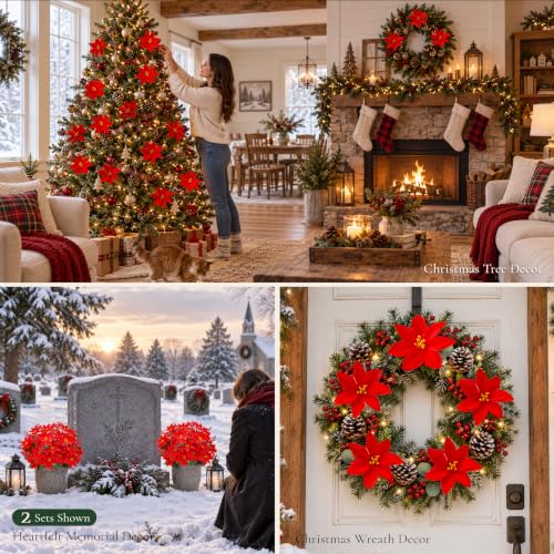 Der Rose Artificial Poinsettia Flowers 8 Stems with Holly Berries - Holiday Decor