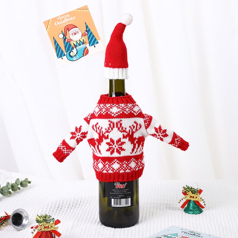 Christmas Sweater Wine Bottle Cover Set (3 Pack) with Hat - Holiday Party Decor