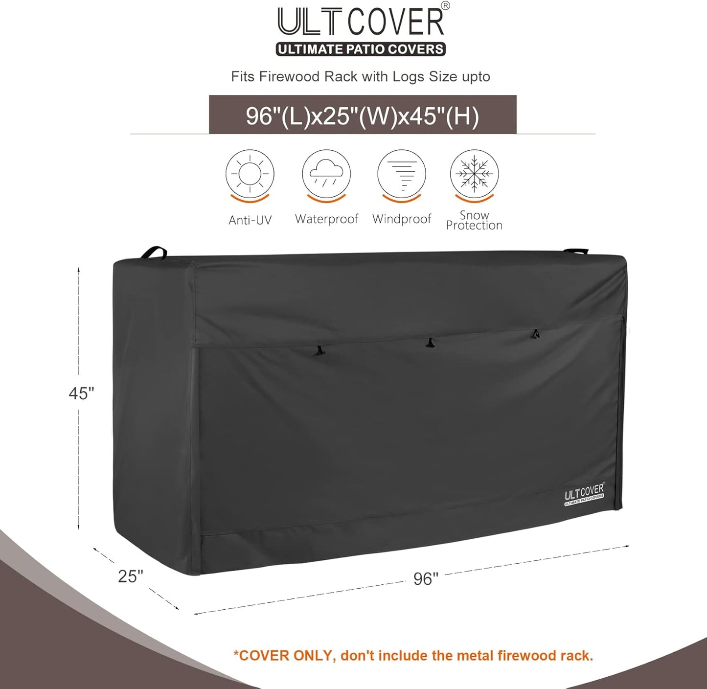 ULTCOVER Waterproof Firewood Rack Cover - Heavy Duty 8 Feet Outdoor Logs Holder, Black