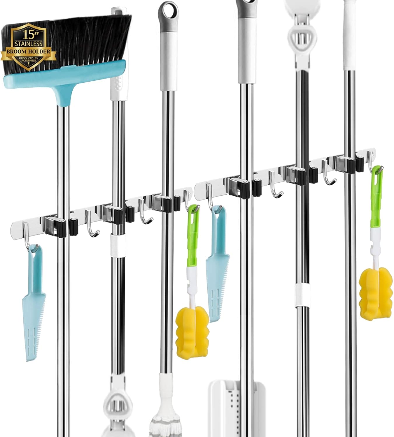 Regine Switzerland Wall-Mounted Broom & Mop Holder - Heavy-Duty Stainless Steel Organizer | 5 Racks & 4 Hooks