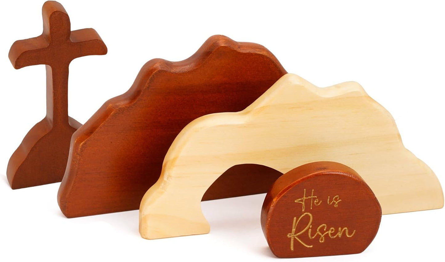 Natural Wood Easter Decor - He Is Risen Empty Tomb Scene | Christian Spring Decorations for Home & Church