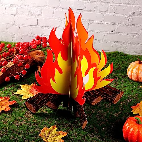Boao 6 Set Fake Fire Fake Flame Camping Decoration 3D Cardboard Campfire Centerpiece Artificial Flames Campfire Party Decoration for Camp Bachelorette Party Supplies(Yellow Orange)