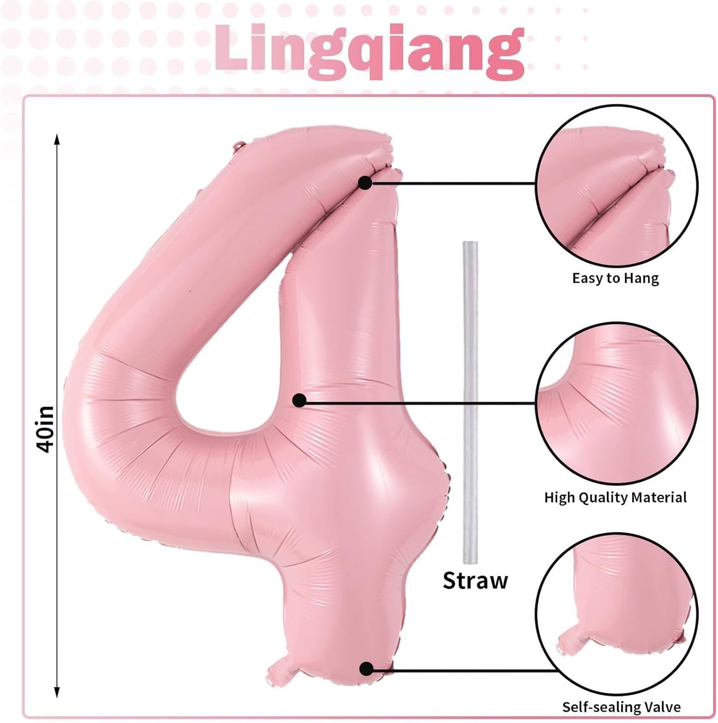 Skiennix 40-Inch Pastel Pink Foil Balloon Number 4 - Large Self-Inflating Light Pink Birthday Decoration