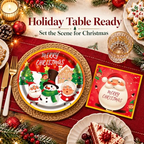EVYIENEN 40PCS Christmas Paper Plates & Napkins Set, Santa Snowman Trees – Christmas-40PCS