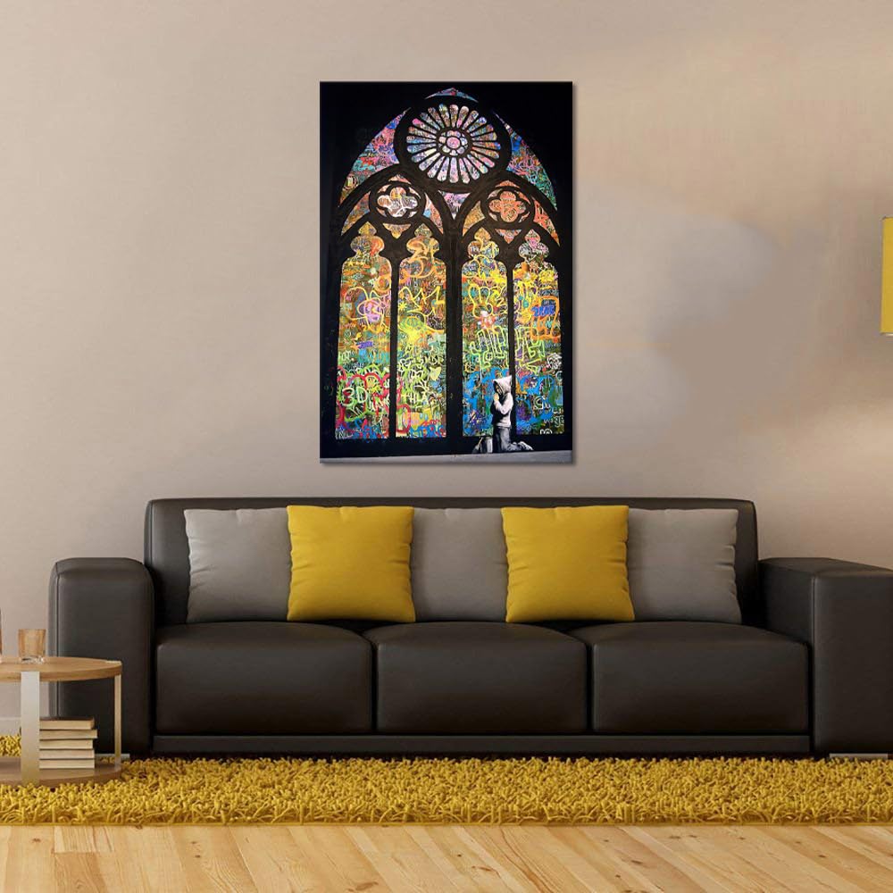 Banksy Wall Art Graffiti Street Painting on Canvas The Boy Praying in Church Prints Pictures for Modern Home Decoration, Framed 36''W x 24''H