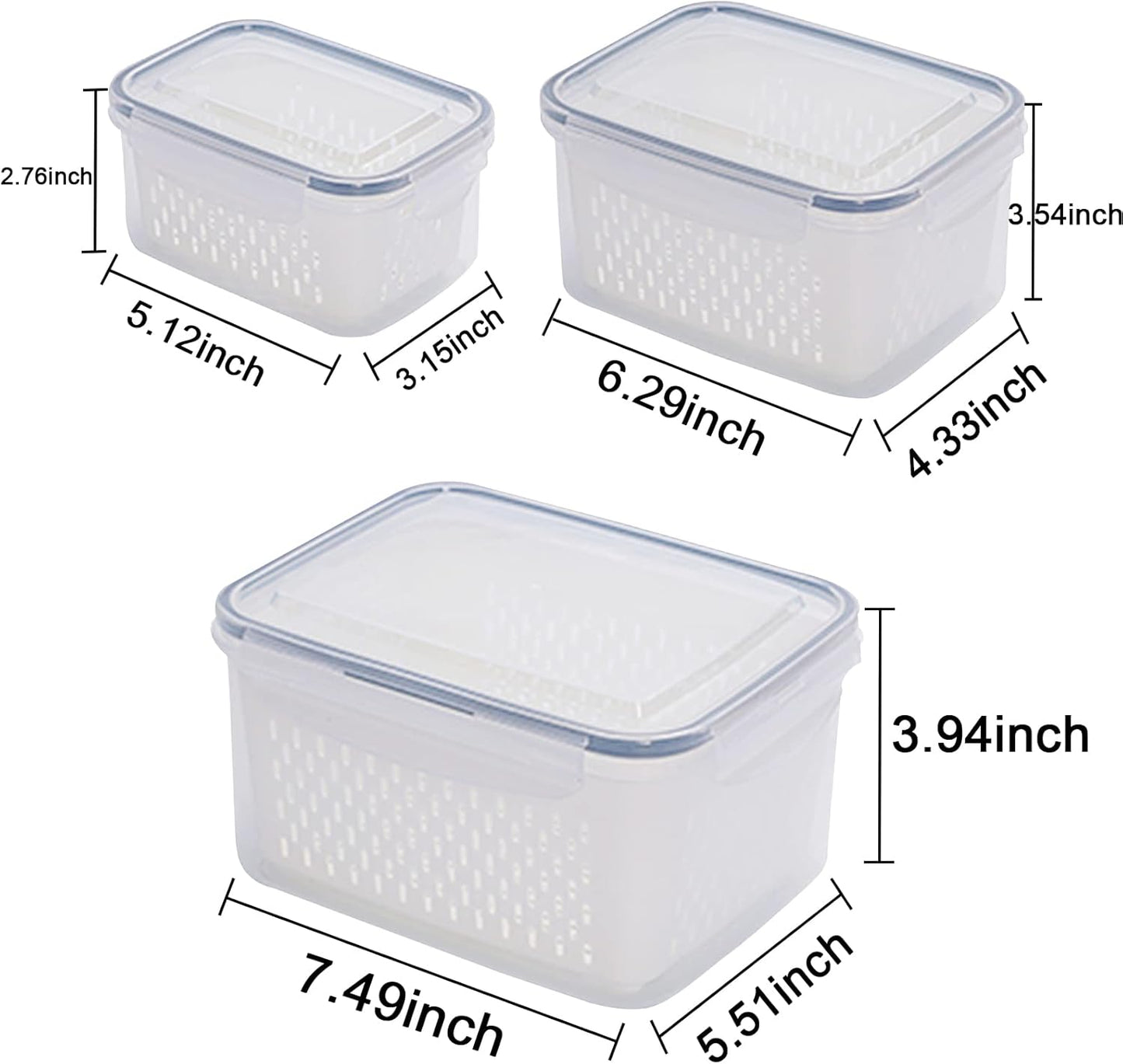 Skiennix 3-Pack Fridge Food Storage Containers - BPA-Free Plastic Produce Savers | Fresh Vegetable & Fruit Keepers (3.15L, 1.7L, 0.8L)
