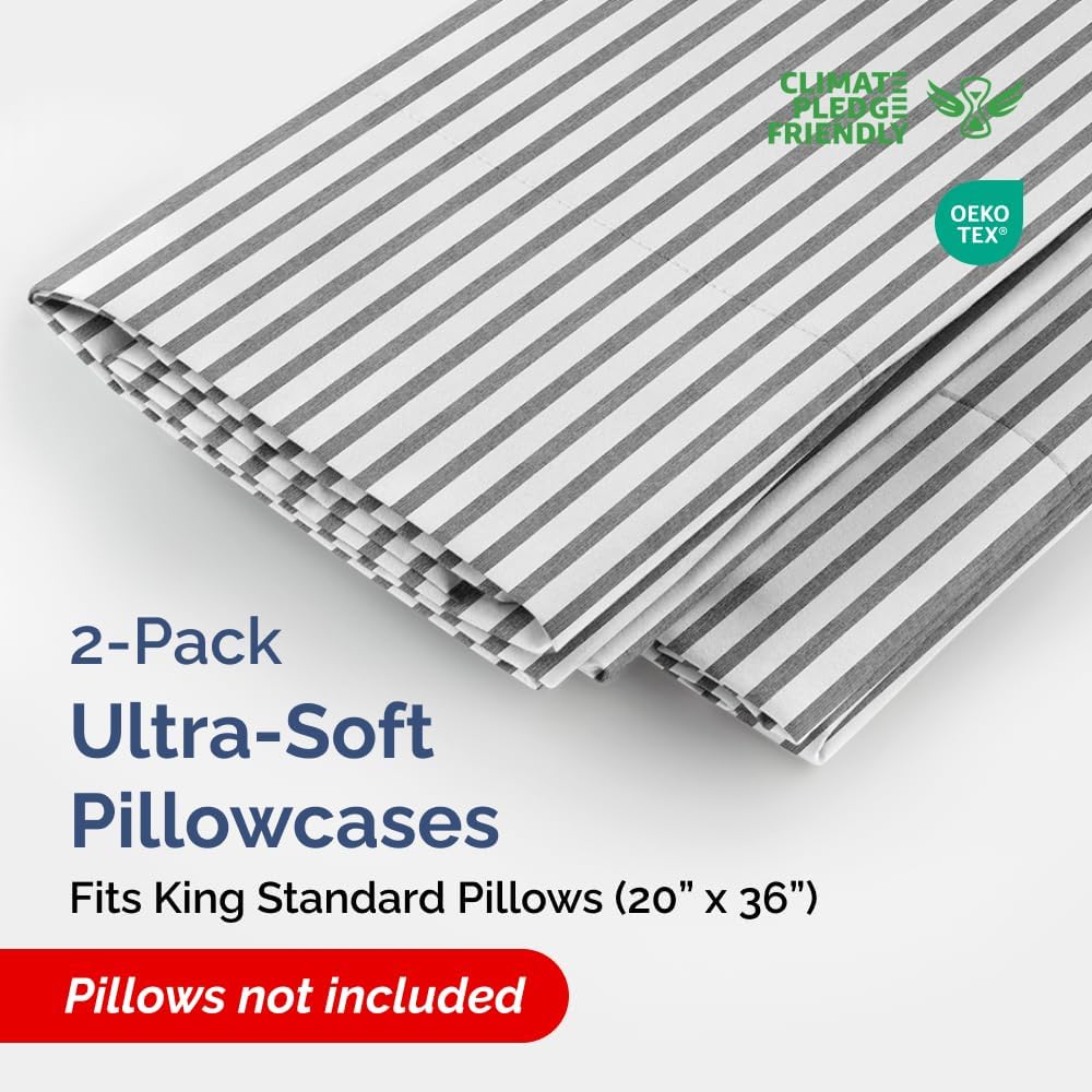 King Standard Pillow Cases - Ultra-Soft Hotel Quality Covers | Fade-Free, Wrinkle Resistant - Grey Stripes (Set of 2)