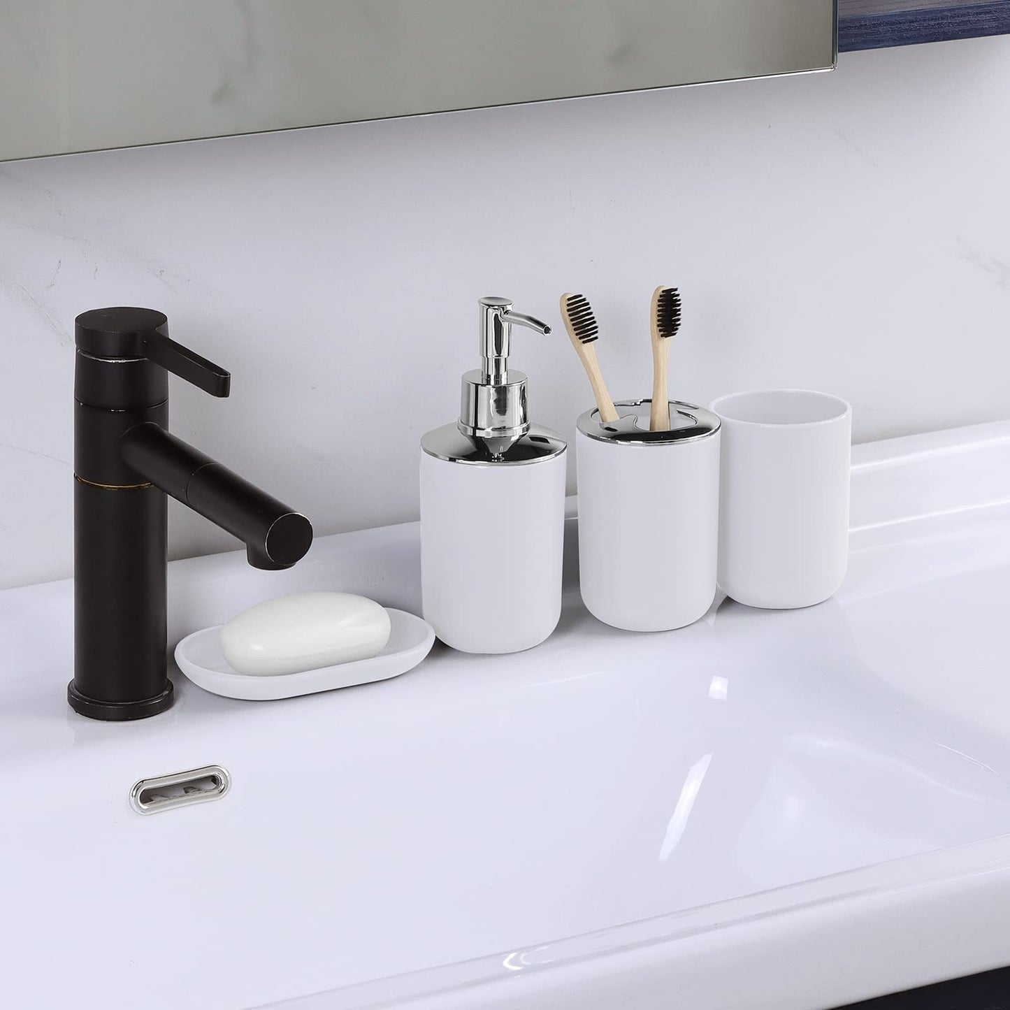 Bathroom Set - 9 Pcs White Bathroom Accessories Set with Trash Can,Tray,Soap Dispenser,Soap Dish,Toothbrush Holder&Cup,Toilet Brush Holder,2 Qtip Holder Dispenser