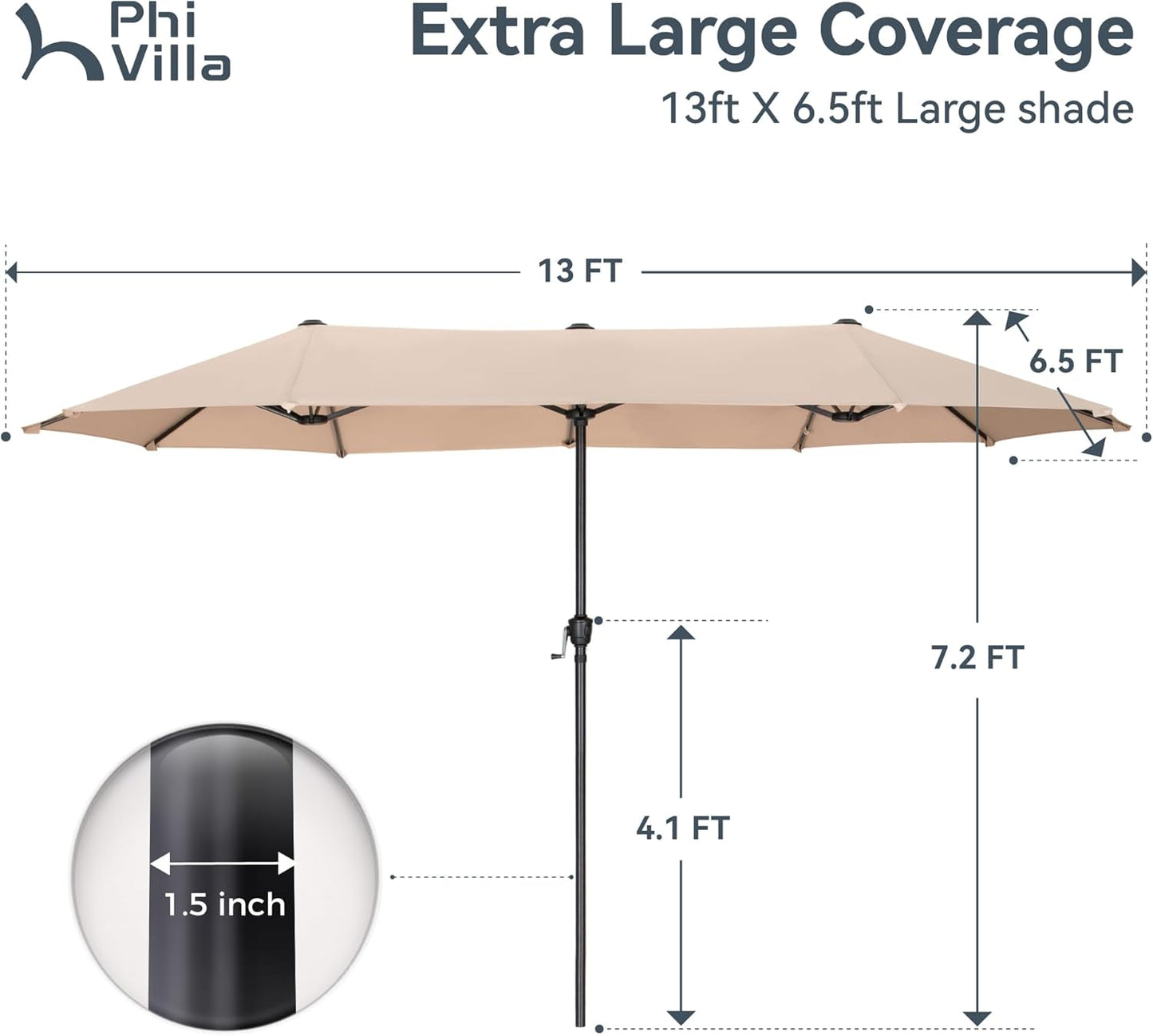 PHI VILLA 13ft Double-Sided Patio Umbrella - Crank Mechanism, Stylish Beige Design