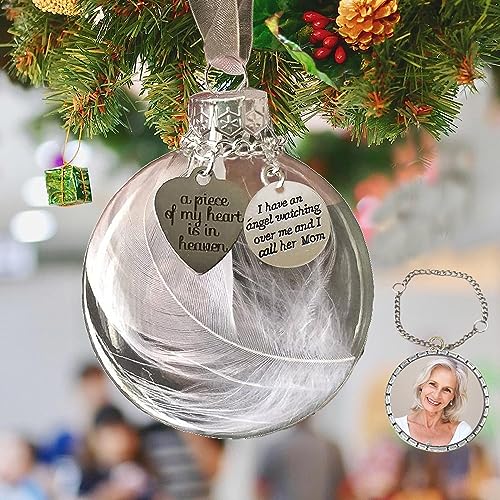 Sympathy Gifts for Loss of Mom,Clear Christmas Memorial Ornament Feather Ball, A Piece of My Heart is in Heaven,Christmas Tree Remembrance Hanging Pendant 3.15 inch (Mom)