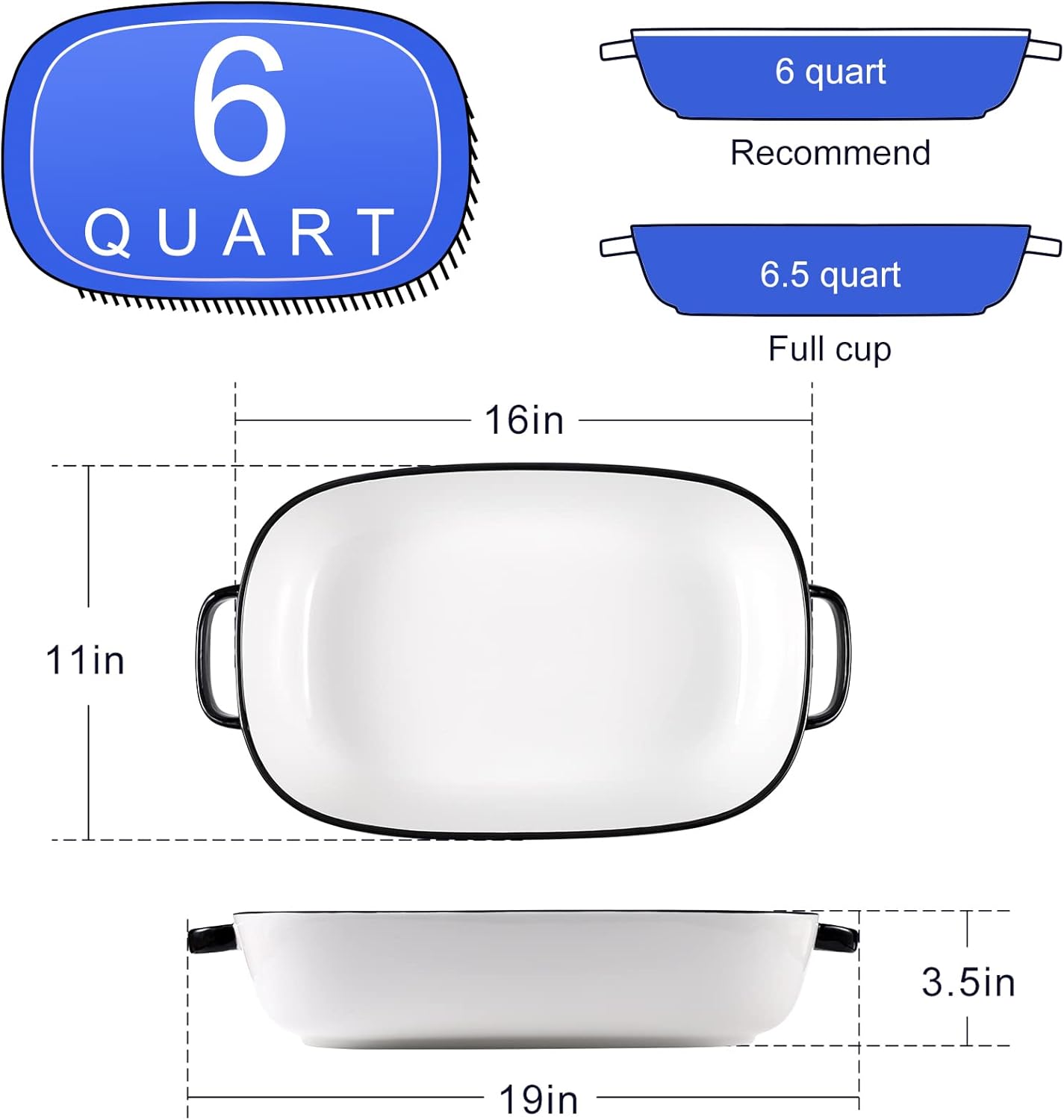 Regine Switzerland 6 Quart Rectangular Baking Dish - Durable Ceramic Casserole Pan | 16x11 Inches, White