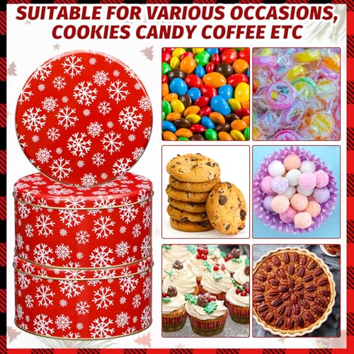 6 Pack Christmas Metal Cookie Tins with Snowflake Lids, 7 Inch Round Storage Containers