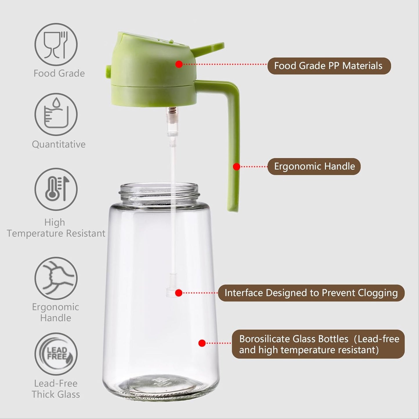 Sweet View 16oz Oil Dispenser & Sprayer - Glass Olive Oil Pourer for Kitchen & BBQ (Green)