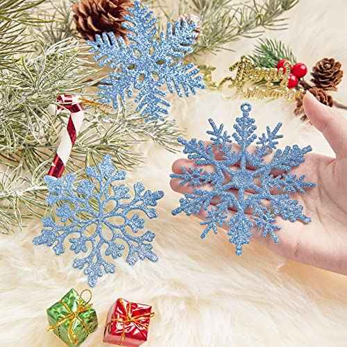 36 Pcs Blue Glitter Christmas Snowflake Ornaments, 4 Inch Plastic Hanging Decorating Snow Flakes Xmas Tree Snowflake Decorations for Christmas Decors (3 Styles)