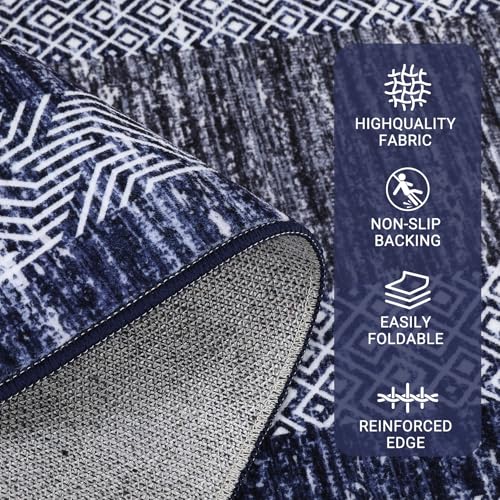 Blue 8x10 Washable Distressed Area Rug - Modern Geometric Floor Carpet
