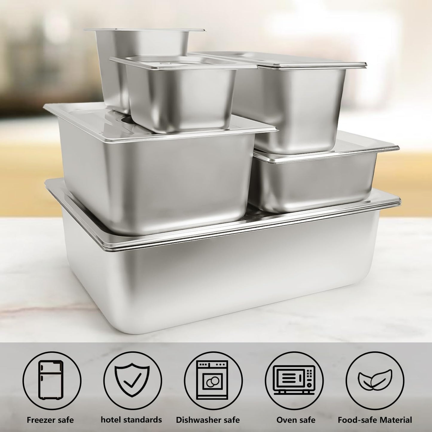 Skiennix 6-Piece Stainless Steel Hotel Pans - 1/2 Size, 2.5-Inch Deep with Lids for Catering & Food Storage