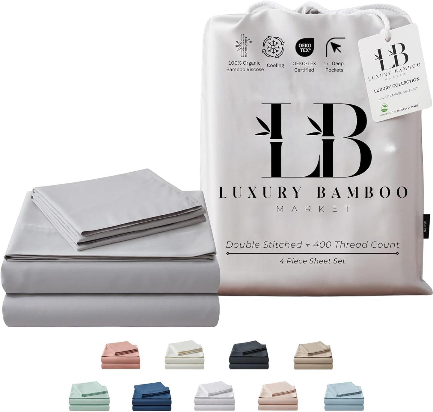 Luxury Bamboo Market King Size Bed Sheet Set - 100% Viscose Bamboo | Ultra Soft & Cooling | 17" Deep Pocket | Dove Grey