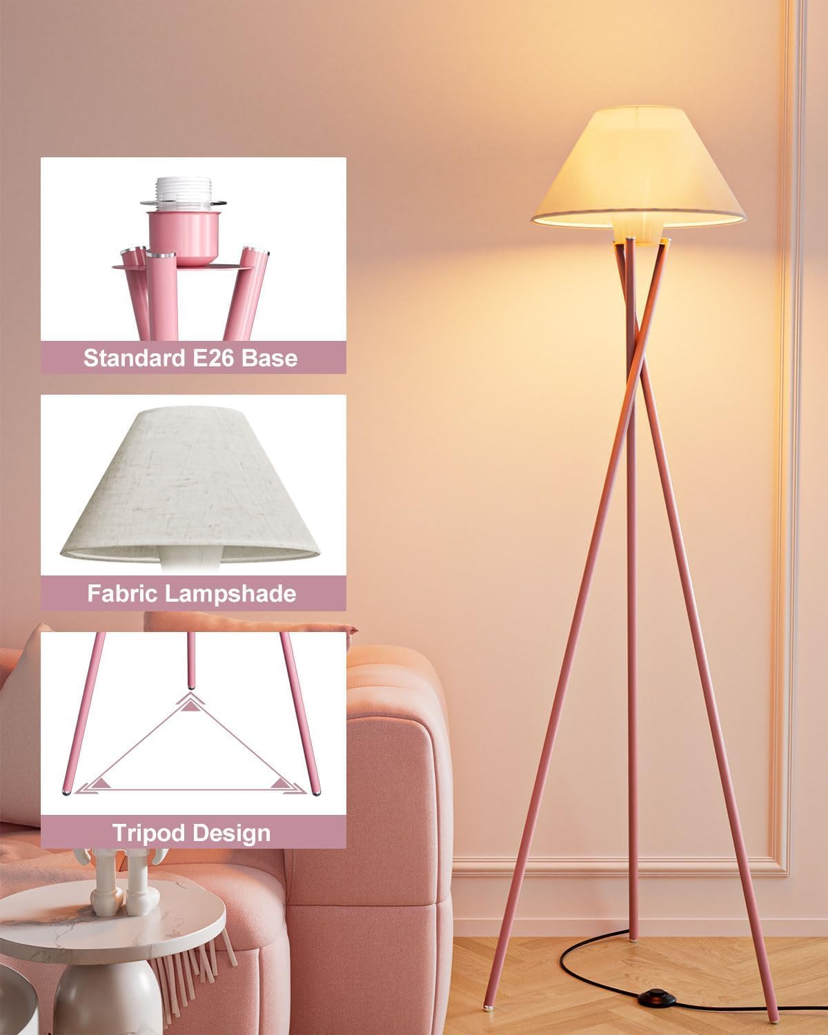 Tripod Floor Lamp, Black Standing Lamps with E26 Bulb Included, Mid Century Modern Tall Lamps for Living Room Bedroom Home Decor