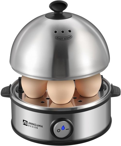 Annie & Mia Design Electric Egg Cooker - Stainless Steel 7-Egg Capacity | Multi-Function Auto Shut-Off