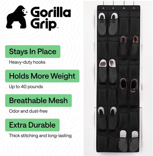 GORILLA GRIP Over The Door Shoe Organizer - 24 Large Breathable Mesh Pockets | Space-Saving Hanging Storage in Black