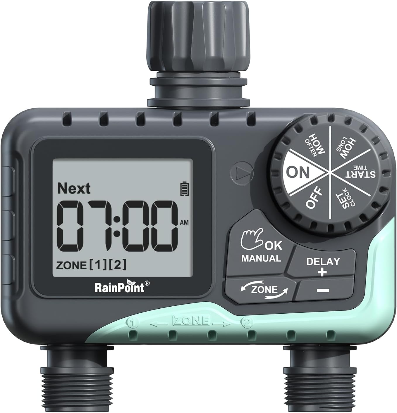 RAINPOINT Water Timer for Garden Hose - 2-Zone Sprinkler System with Rain Delay & Automatic Irrigation