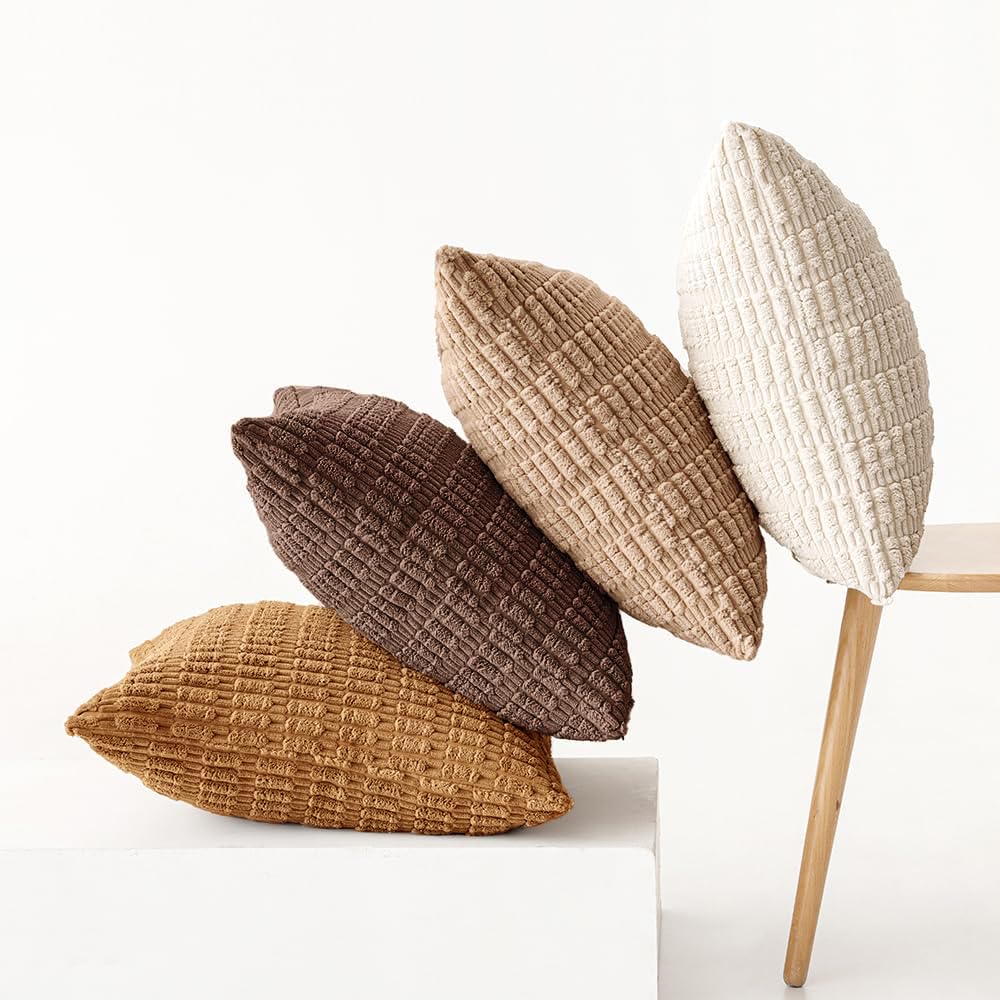 MIULEE Pack of 4 Neutral Corduroy Decorative Throw Pillow Covers 18x18 Inch for Sofa Living Room Couch Bed Rustic Farmhouse Boho Soft Striped Pillow Covers Home Decor Brown