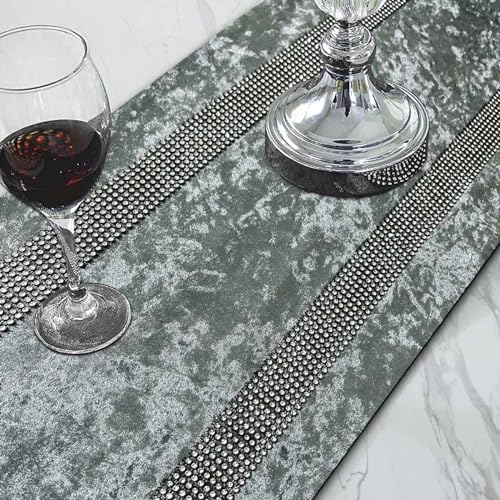 Jiino 13x84 Gray Elegant Velvet Table Runner with Silver Sequin Rhinestones
