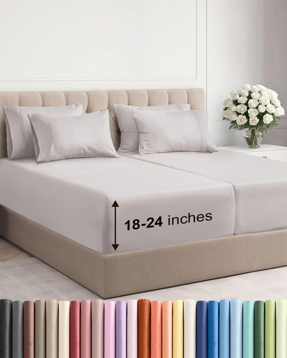 Skiennix Extra Deep Split King Sheet Set - 7 Piece Breathable Cooling Bedding - Soft Wrinkle-Free Light Grey