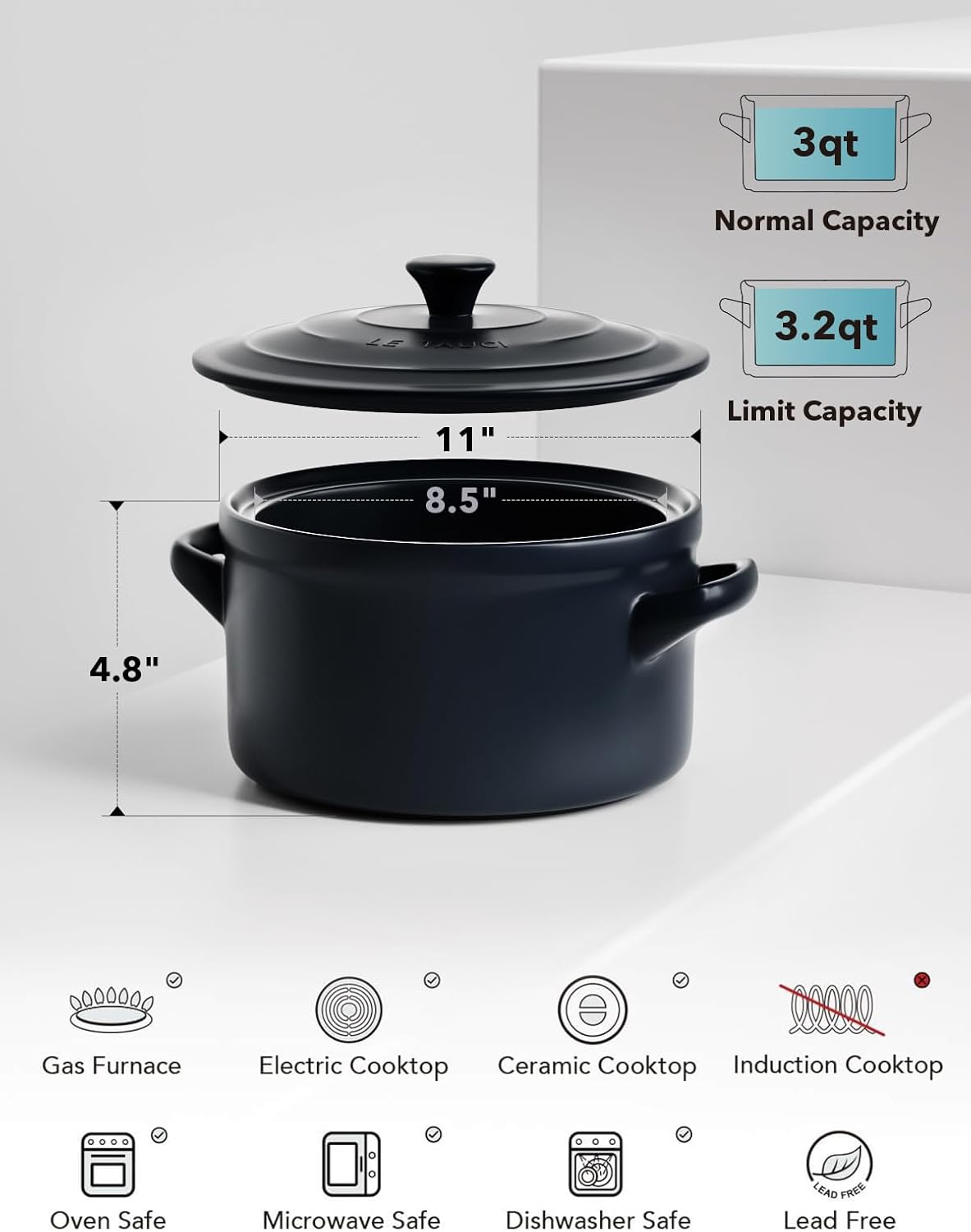 LE TAUCI 3 Quart Ceramic Dutch Oven - Lightweight & Non-Toxic | Oven, Microwave & Dishwasher Safe, Midnight Blue