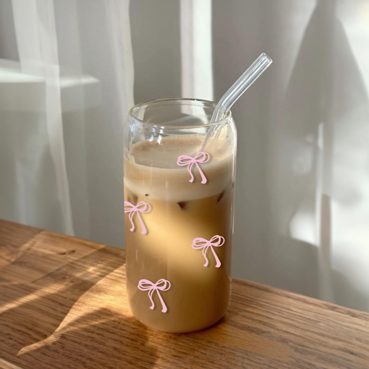Mikopei Coquette Aesthetic Glass Cups with Lids and Straws - Pink Bow Iced Coffee Cup Decor, Cute Tumbler Smoothie with Cleaning Brush&Gift Box, Gifts for Girls Women Friends, 16 oz
