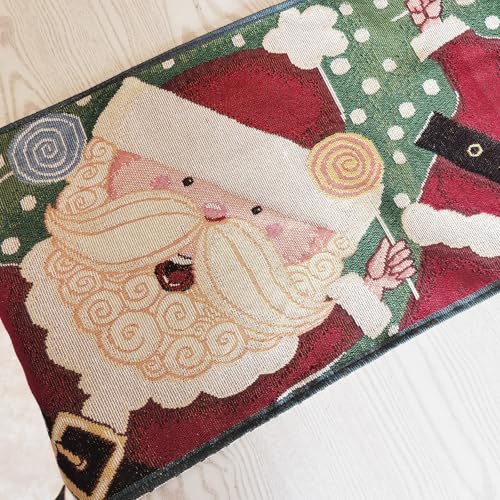 AureoMadis Santa Table Runner 13x70 in Jacquard Woven with Tassels, Red Santa & Lollipop Design