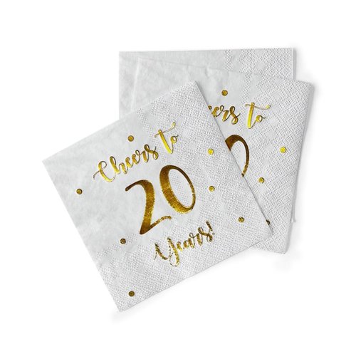 Cheers to 20 Years Cocktail Napkins | Happy 20th Birthday Decorations for Men and Women and Wedding Anniversary Party Decorations | 50-Pack 3-Ply Napkins | 5 x 5 inch Folded (White)