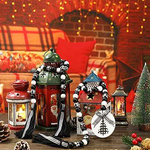 Jetec 2 Pcs Christmas Wood Bead Garlands 33.5 Inches Buffalo Plaid Farmhouse Beads with Tassels Decor Tiered Tray Decor Wall Hanging Home Ornaments for Christmas Tree Decorations(White and Black)