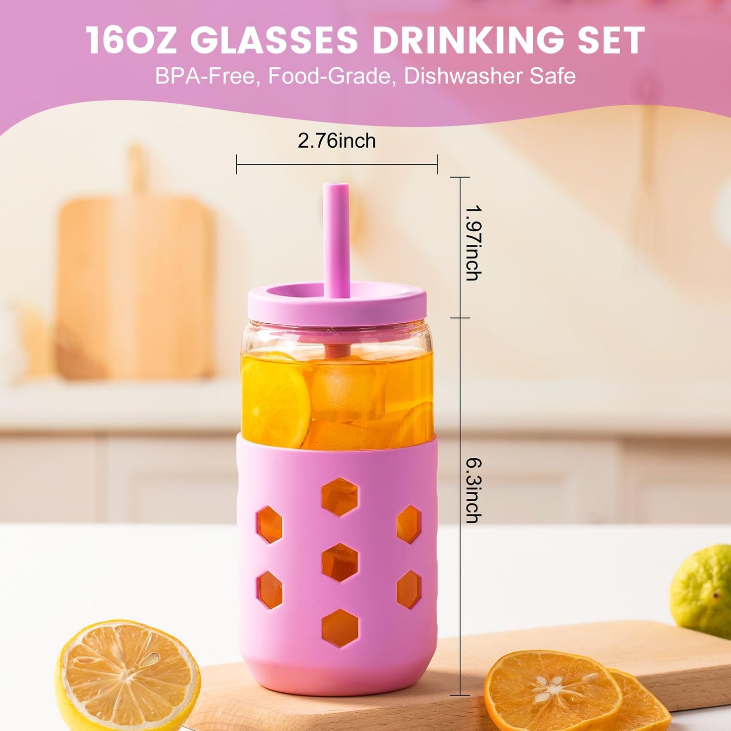 Mrsdry Glass Cups with Lids and Straws (4 Pack), 16oz Drinking Glasses Set with Silicone Sleeves for Coffee Bar Accessories Iced Coffee Cups with Lids, Glass Tumbler Reusable for Gifts
